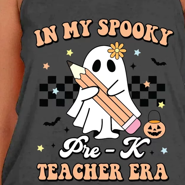 In My Spooky Pre K Teacher Era Cute Ghost Funny Halloween Women's Knotted Racerback Tank