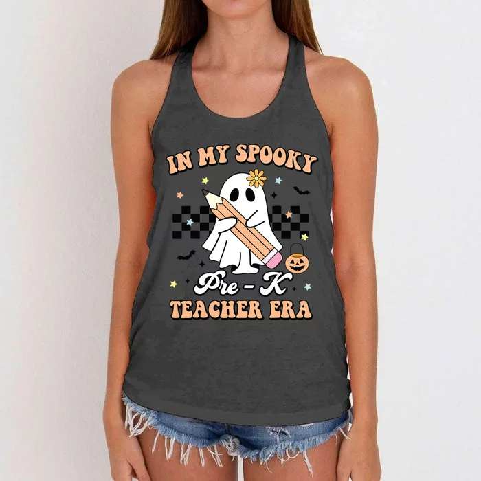 In My Spooky Pre K Teacher Era Cute Ghost Funny Halloween Women's Knotted Racerback Tank