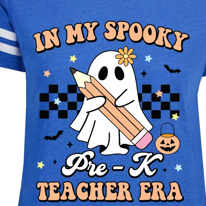 In My Spooky Pre K Teacher Era Cute Ghost Funny Halloween Enza Ladies Jersey Football T-Shirt