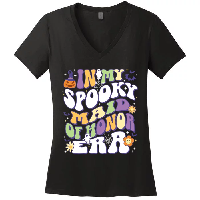 In My Spooky Maid Of Honor Era Groovy Retro Halloween Women's V-Neck T-Shirt