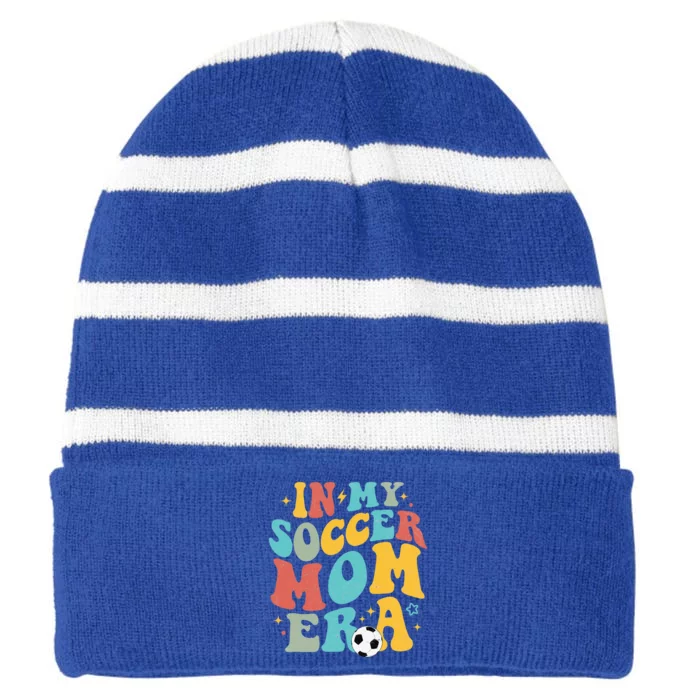 In My Soccer Mom Era Trendy Soccer Mom Funny Vintage Groovy Striped Beanie with Solid Band