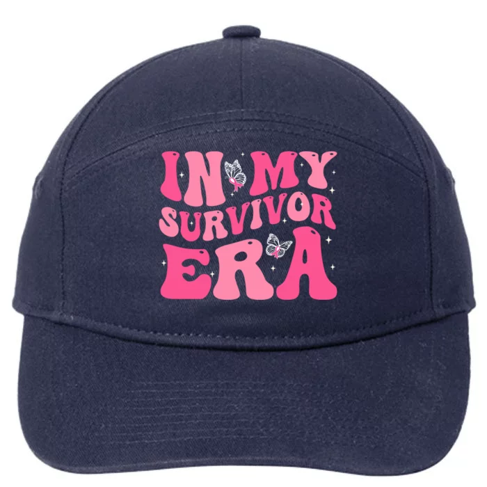 In My Survivor Era Groovy Retro Pink Breast Cancer Awareness Meaningful Gift 7-Panel Snapback Hat