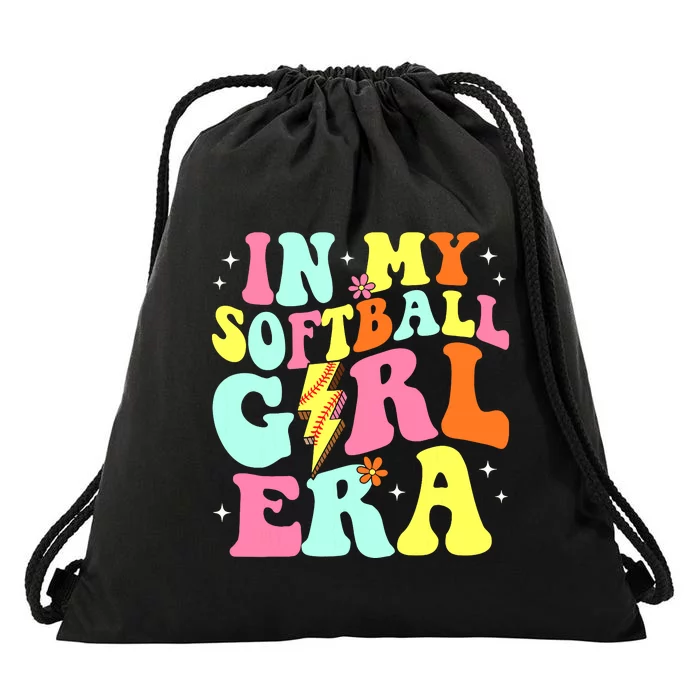 In My Softball Girl Era Retro Groovy Softball Girl Drawstring Bag