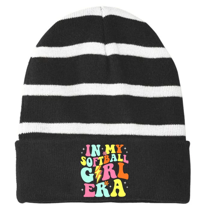 In My Softball Girl Era Retro Groovy Softball Girl Striped Beanie with Solid Band