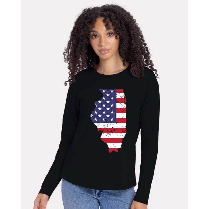 Illinois Map State American Flag 4th Of July Pride Womens Cotton Relaxed Long Sleeve T-Shirt