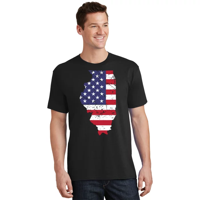 Illinois Map State American Flag 4th Of July Pride T-Shirt