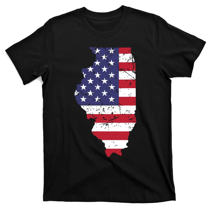 Illinois Map State American Flag 4th Of July Pride T-Shirt