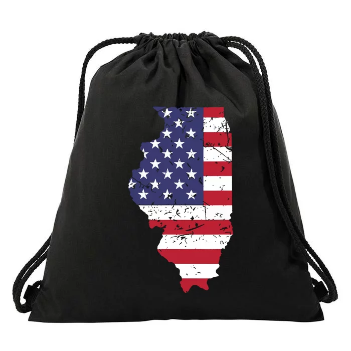 Illinois Map State American Flag 4th Of July Pride Drawstring Bag