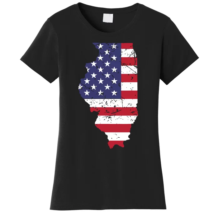 Illinois Map State American Flag 4th Of July Pride Women's T-Shirt