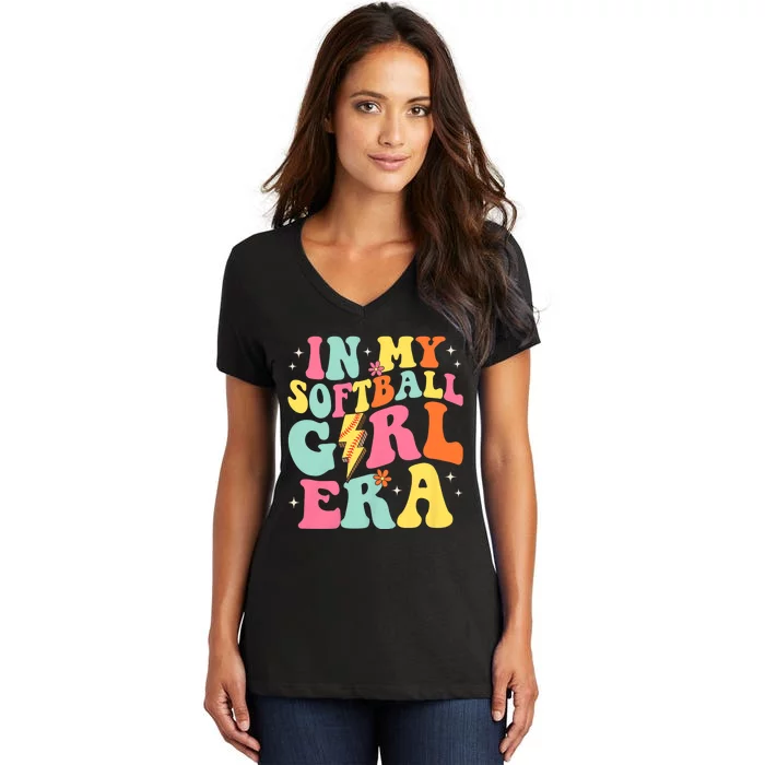 In My Softball Girl Era Retro Groovy Softball Girl Women's V-Neck T-Shirt