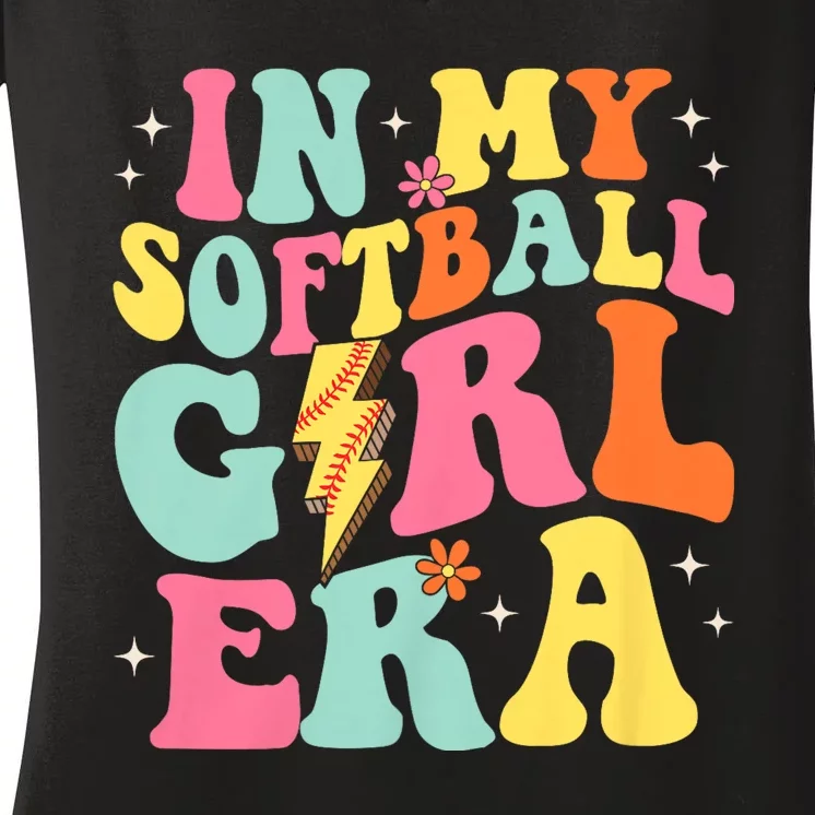 In My Softball Girl Era Retro Groovy Softball Girl Women's V-Neck T-Shirt