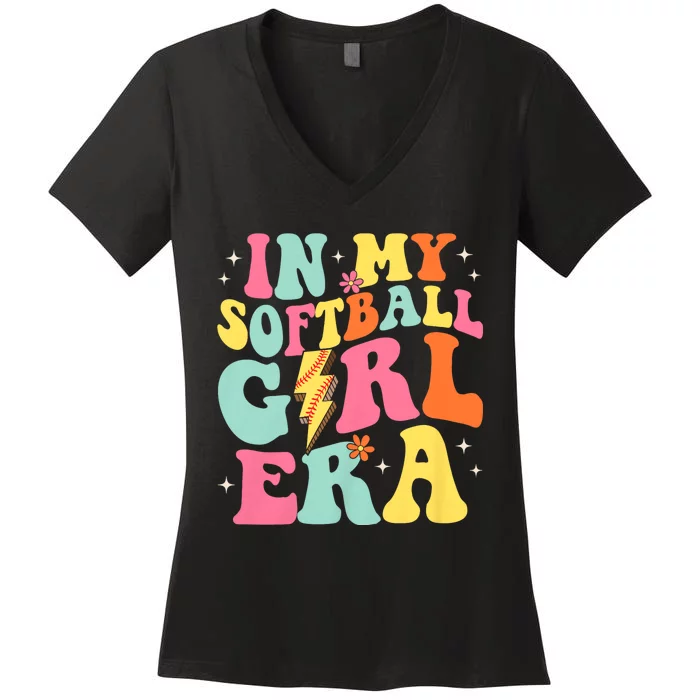 In My Softball Girl Era Retro Groovy Softball Girl Women's V-Neck T-Shirt