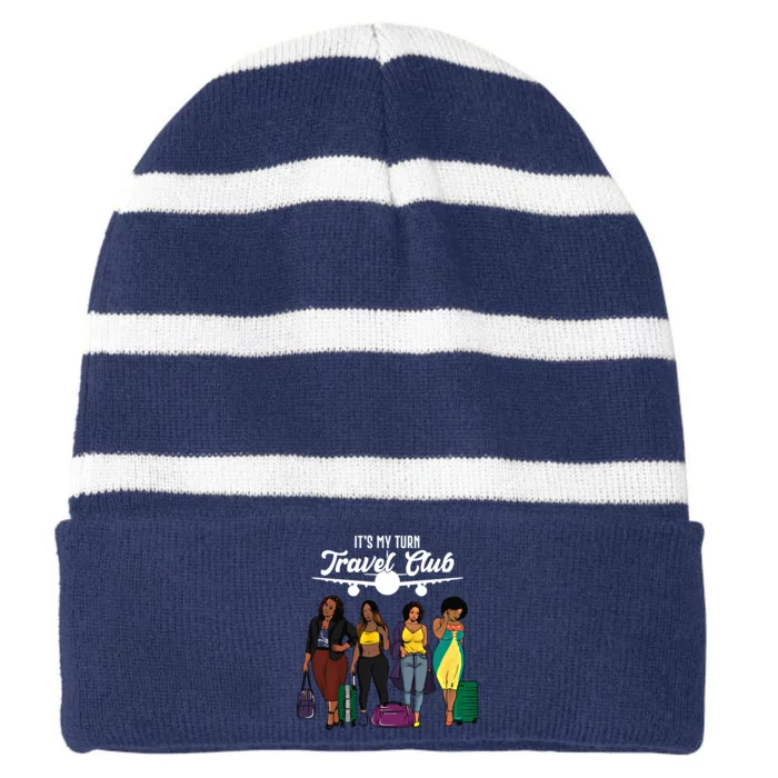 It's My Turn Travel Club Traveling Black African American Women Striped Beanie with Solid Band