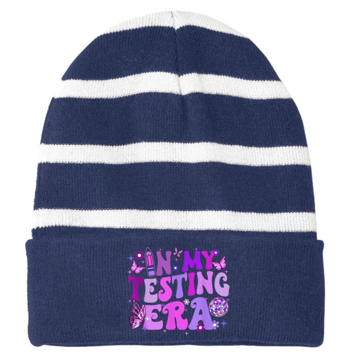 In My Testing Era Funny Teacher Exam Day Striped Beanie with Solid Band