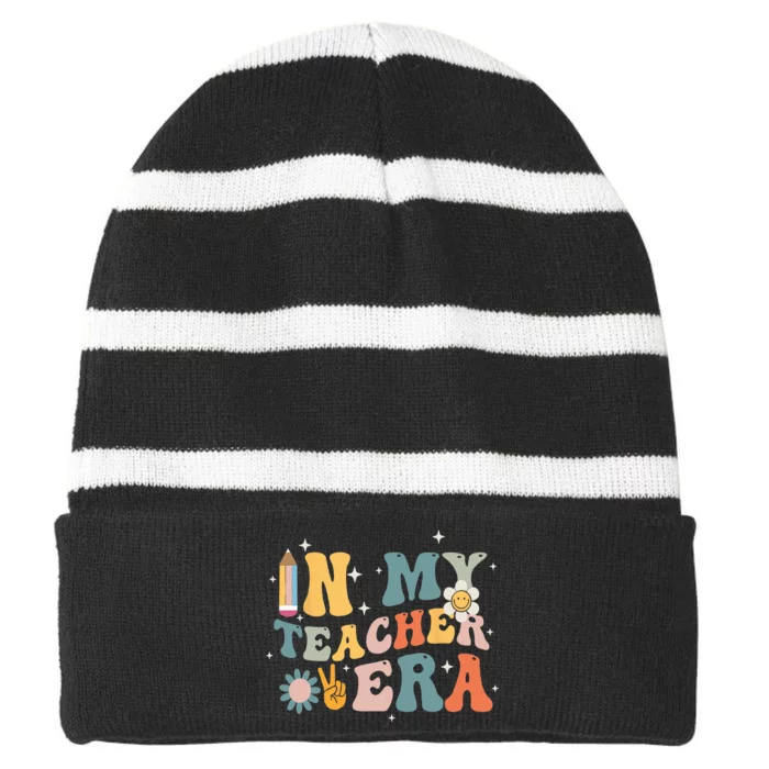 In My Teacher Era First Day Of School Teacher Back To School Striped Beanie with Solid Band