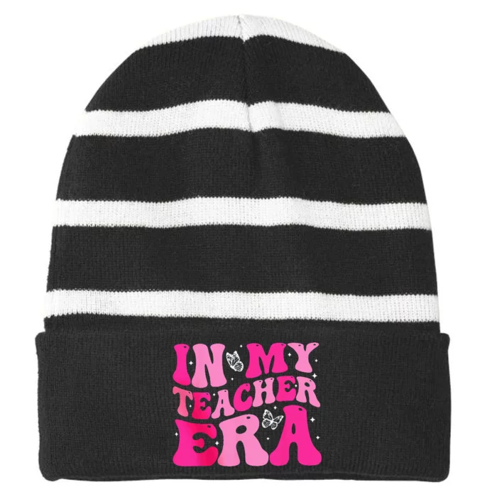 In My Teaching Era Best Teacher Appreciation Retro Groovy Striped Beanie with Solid Band