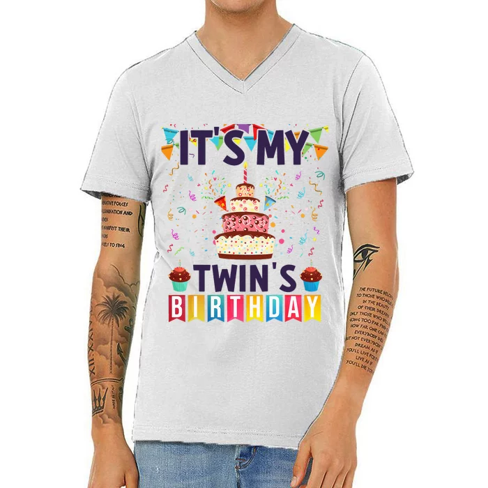 It's My twin's Birthday Cake Party Twins Matching Siblings V-Neck T-Shirt