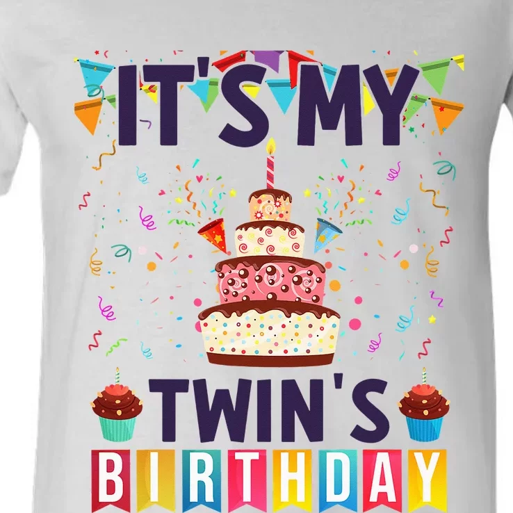 It's My twin's Birthday Cake Party Twins Matching Siblings V-Neck T-Shirt