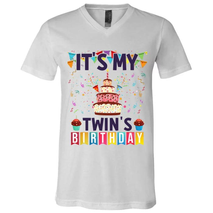 It's My twin's Birthday Cake Party Twins Matching Siblings V-Neck T-Shirt