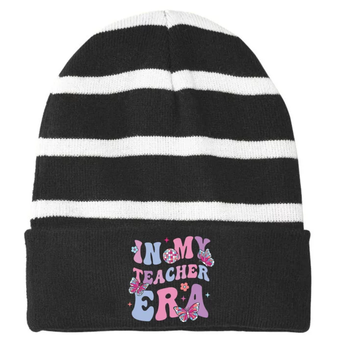 In My Teacher Era First Day Of School Back To School Striped Beanie with Solid Band