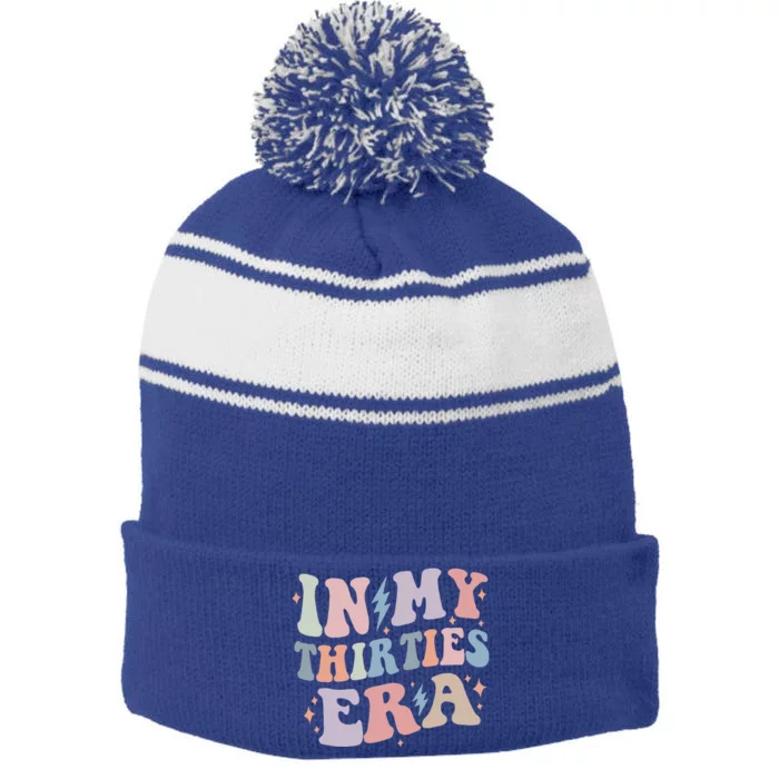 In My Thirties Era Groovy 30th Birthday funny Stripe Pom Pom Beanie