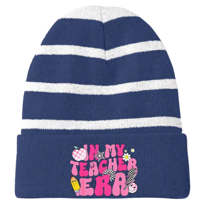 In My Teacher Era Last Day Of School Back To School Retro Striped Beanie with Solid Band