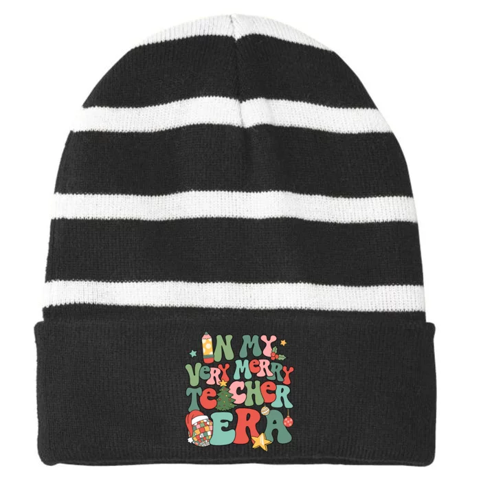 In My Very Merry Teacher Era Xmas Groovy Retro Christmas Striped Beanie with Solid Band