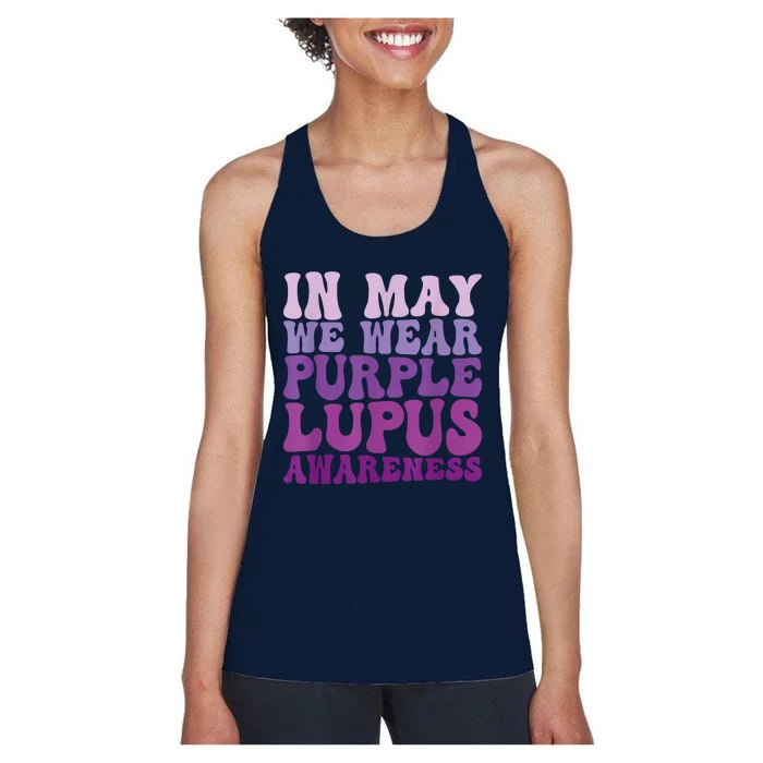 In May We Wear Purple Lupus Awareness Month Groovy Women's Racerback Tank