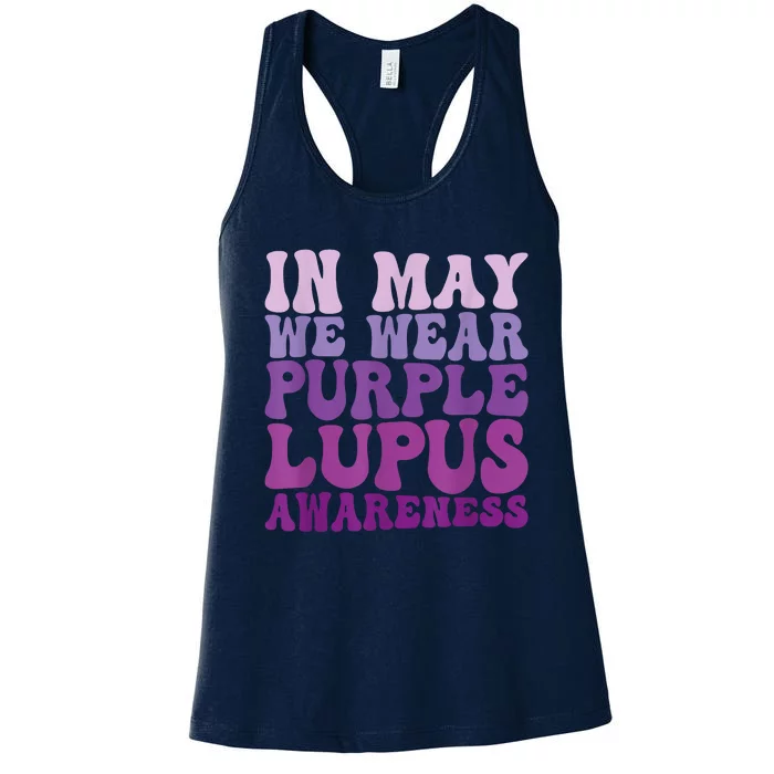 In May We Wear Purple Lupus Awareness Month Groovy Women's Racerback Tank