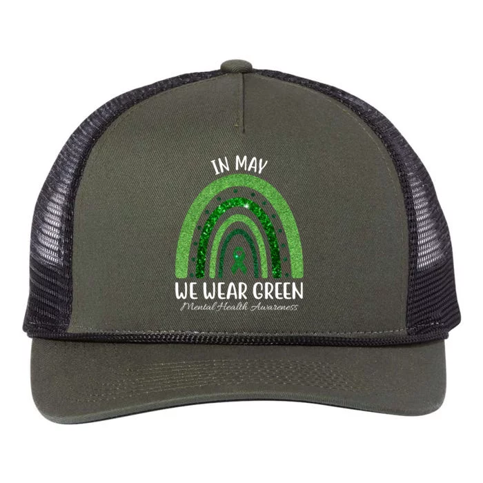 In May We Wear Green Mental Health Awareness Rainbow Retro Rope Trucker Hat Cap