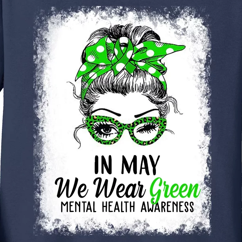 In May We Wear Green Mental Health Awareness Messy Bun Kids Long Sleeve Shirt