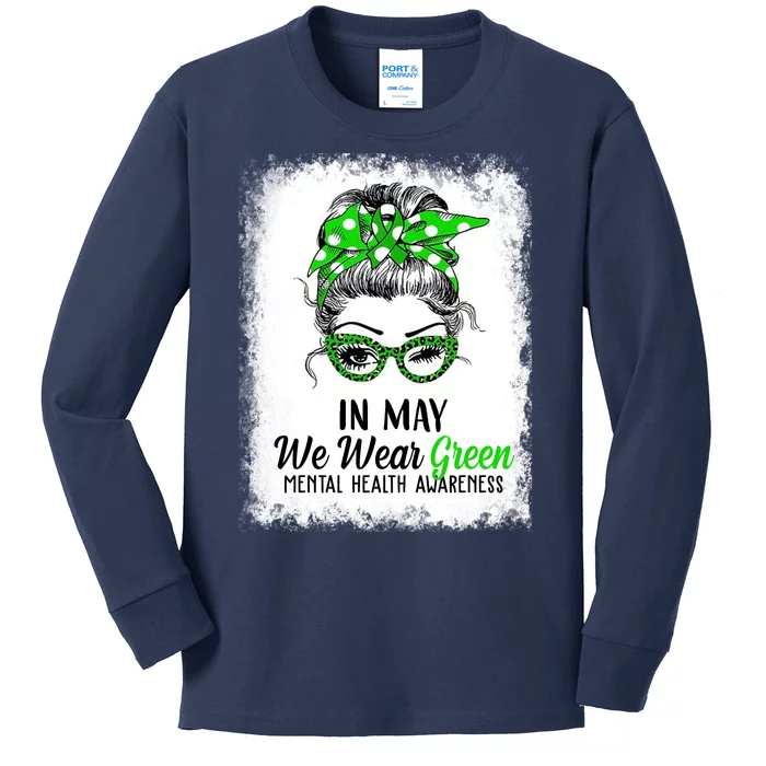 In May We Wear Green Mental Health Awareness Messy Bun Kids Long Sleeve Shirt