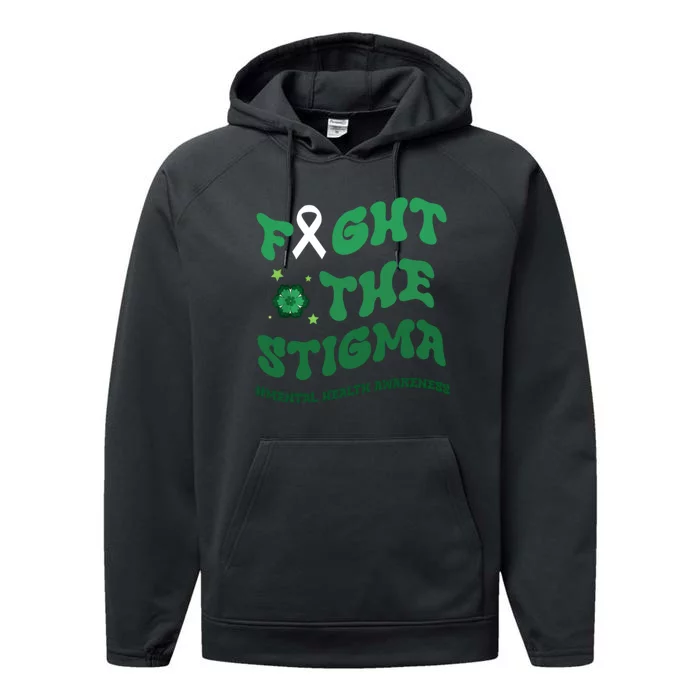 In May We Wear Green Mental Health Groovy Fight Stigma Performance Fleece Hoodie