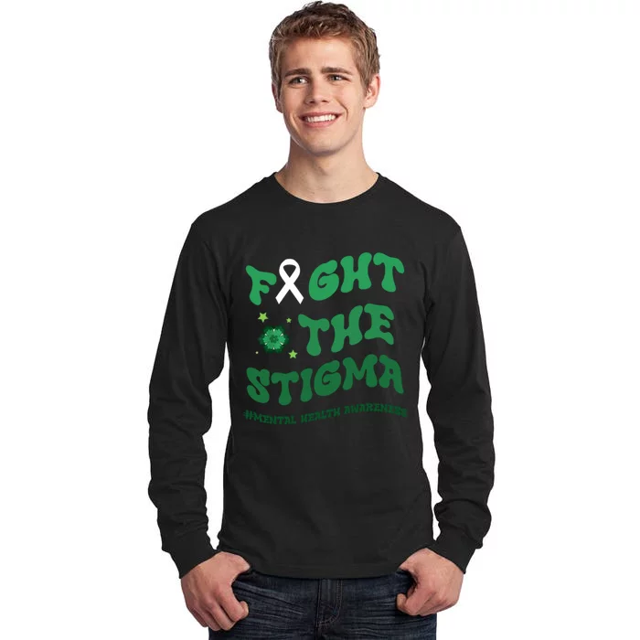 In May We Wear Green Mental Health Groovy Fight Stigma Tall Long Sleeve T-Shirt