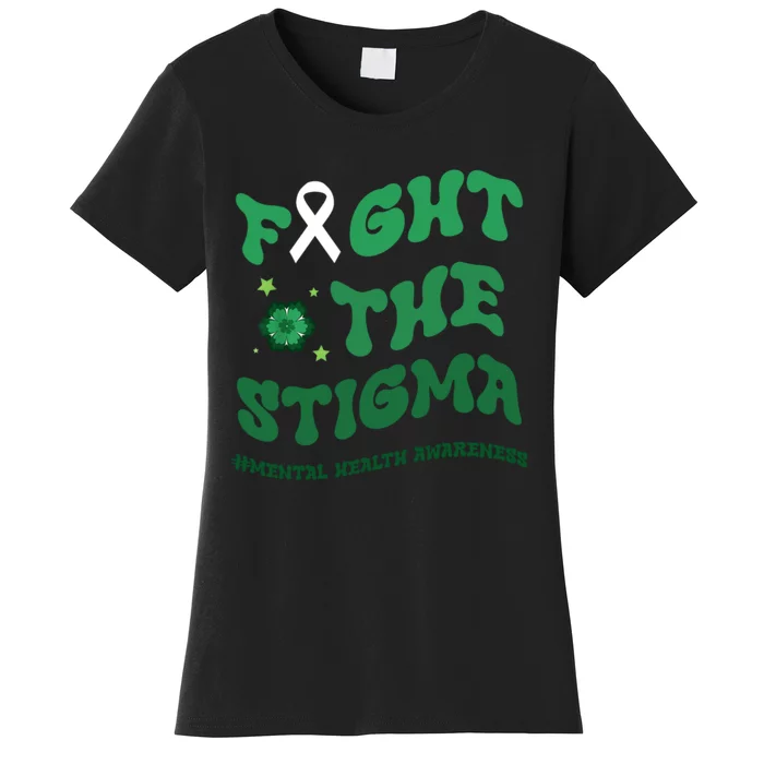 In May We Wear Green Mental Health Groovy Fight Stigma Women's T-Shirt