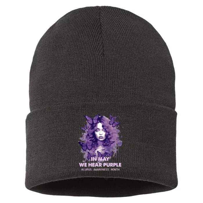 In May We Wear Purple Lupus Awareness Ribbon Black Women Sustainable Knit Beanie