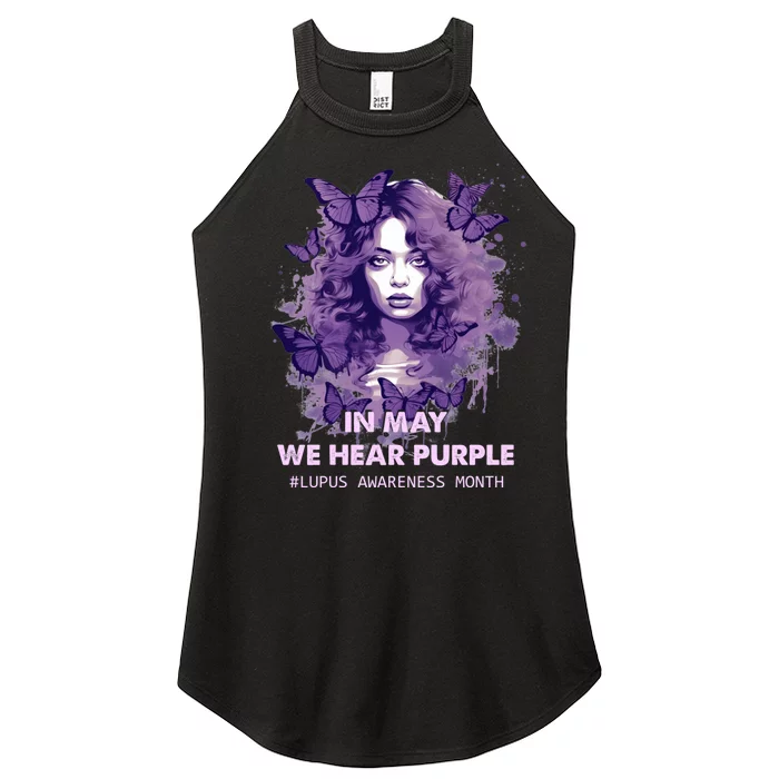 In May We Wear Purple Lupus Awareness Ribbon Black Women Women’s Perfect Tri Rocker Tank