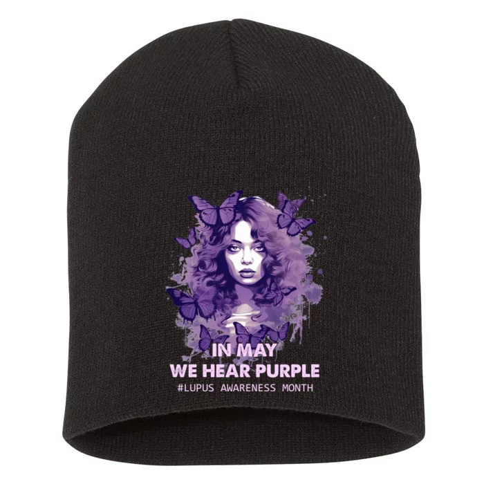 In May We Wear Purple Lupus Awareness Ribbon Black Women Short Acrylic Beanie