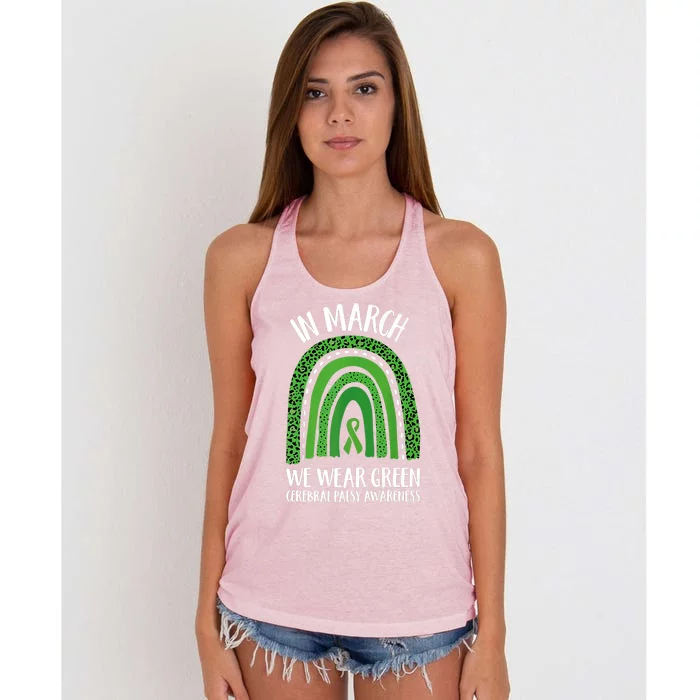 In March We Wear Green Cerebral Palsy Awareness CP Month Women's Knotted Racerback Tank