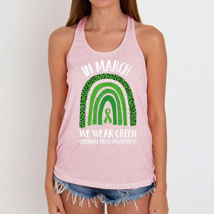 In March We Wear Green Cerebral Palsy Awareness CP Month Women's Knotted Racerback Tank