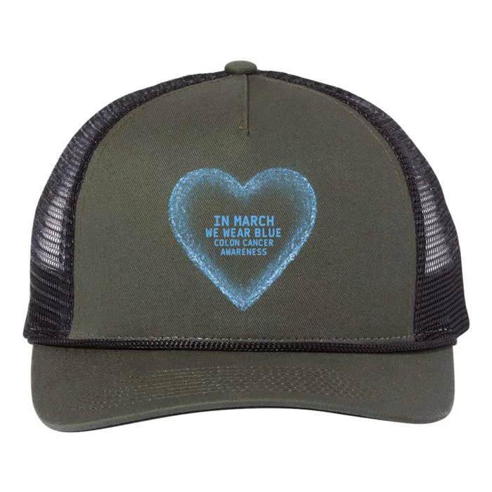 In March We Wear Blue For Colon Cancer Awareness Blue Heart Retro Rope Trucker Hat Cap