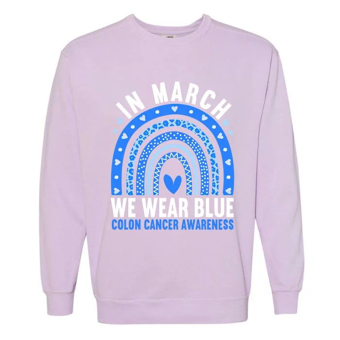 In March We Wear Blue Colon Cancer Awareness Leopard Rainbow Gift Garment-Dyed Sweatshirt