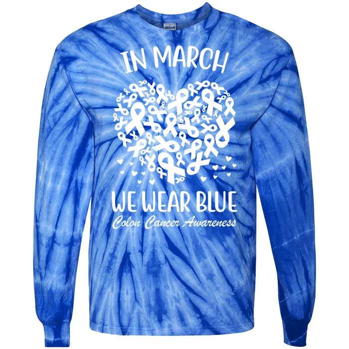 In March We Wear Blue Colon Cancer Awareness Ribbon Heart Tie-Dye Long Sleeve Shirt