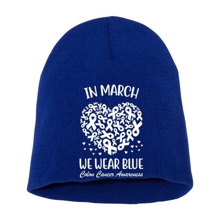 In March We Wear Blue Colon Cancer Awareness Ribbon Heart Short Acrylic Beanie