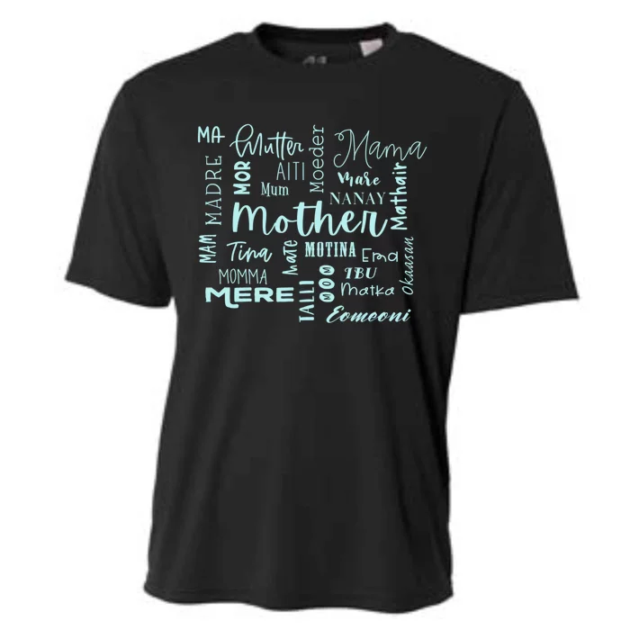 International Mom World Translations Multi Languages Blue Gift Cooling Performance Crew T-Shirt