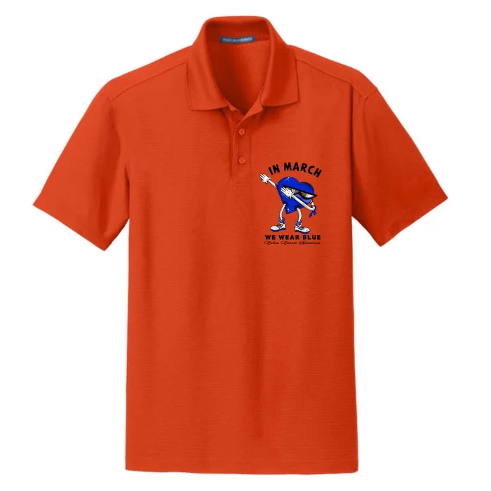 In March We Wear Blue Dabbing Heart Colon Cancer Awareness Gift Dry Zone Grid Performance Polo