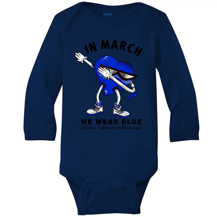 In March We Wear Blue Dabbing Heart Colon Cancer Awareness Gift Baby Long Sleeve Bodysuit