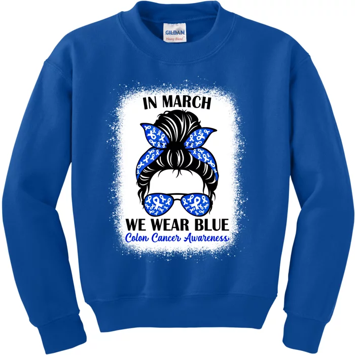 In March We Wear Blue For Colon Cancer Awareness Messy Bun Gift Kids Sweatshirt