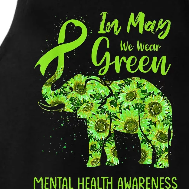 In May We Wear Green Mental Health Awareness Elephant Women Ladies Tri-Blend Wicking Tank