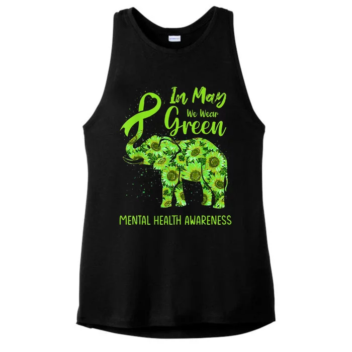 In May We Wear Green Mental Health Awareness Elephant Women Ladies Tri-Blend Wicking Tank